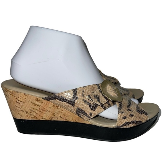 Amalfi Shoes - Amalfi by Rangoni Sandals Size 8.5M Black/Tan Snake Pattern Wedge Cork Slip On